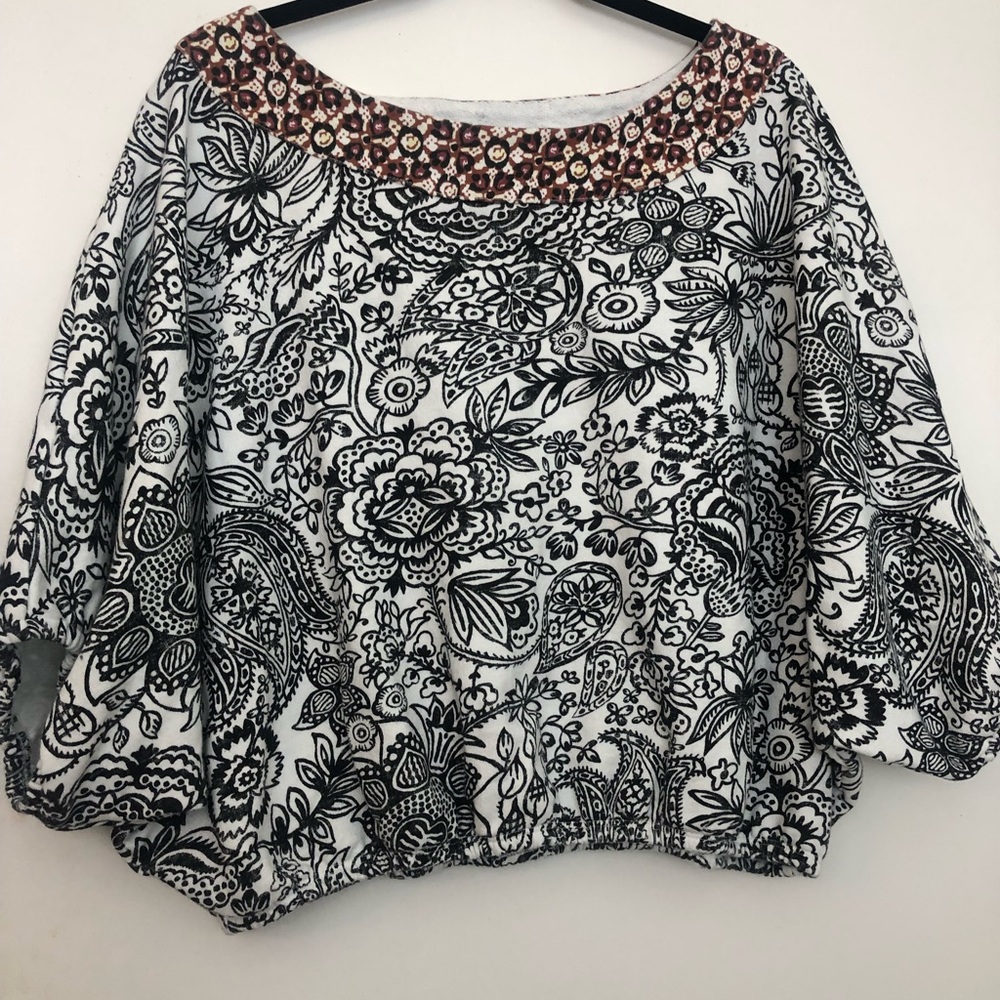 Anthropologie Mixed Print Short Sleeve Floral Balloon Sleeve Oversized Top